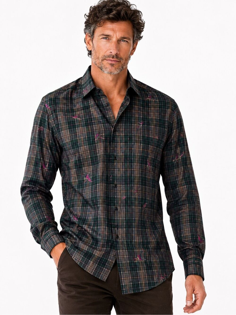 Vintage Y2K ETRO Milano Men XL 45 Plaid Bird Print Cotton Shirt Italy Old Money